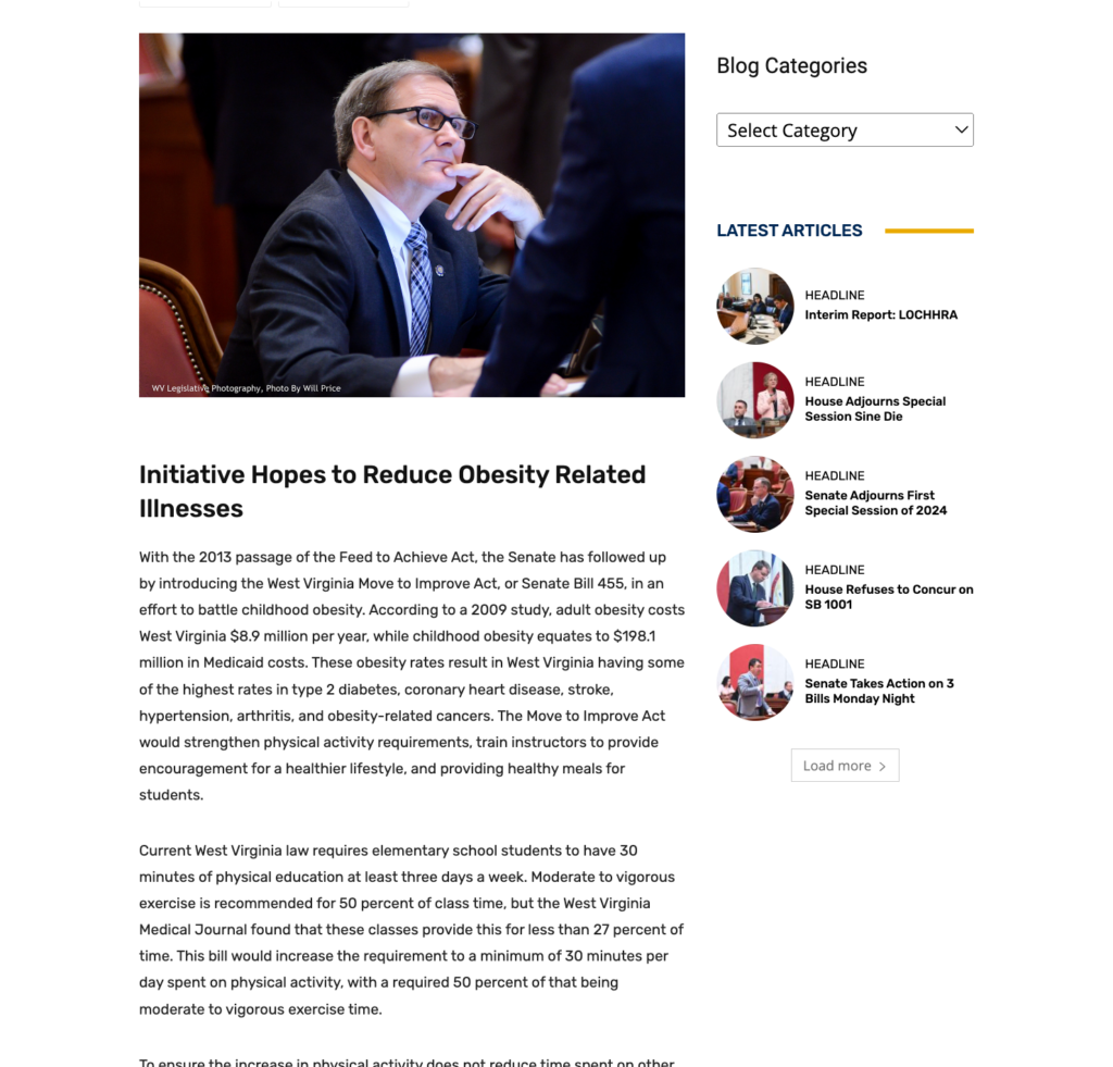 Screenshot of the "Move To Improve" article for the West Virginia Legislature