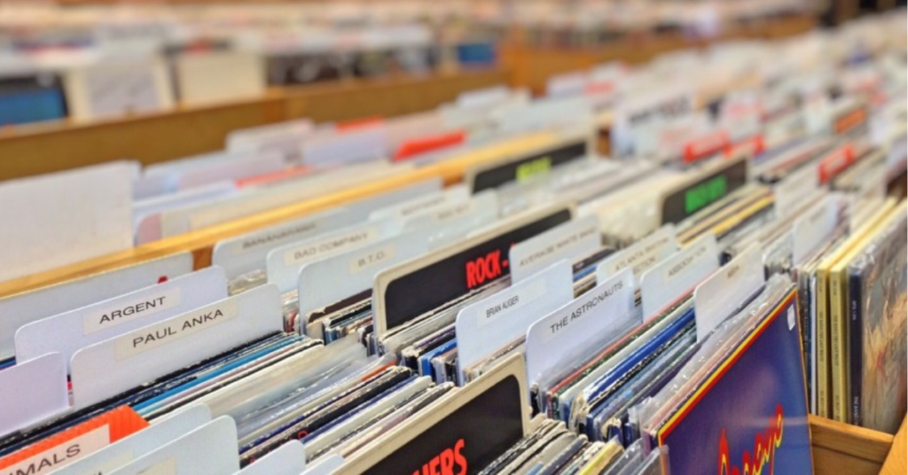 Interior shot of shelves at a record store